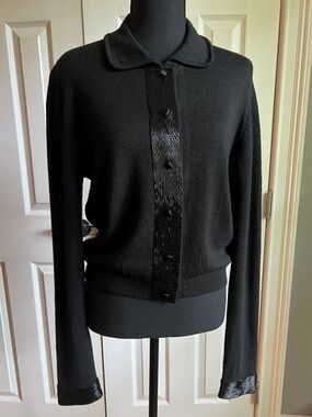 Armani Exchange Black Knit Cardigan with Bugle Bead Accents